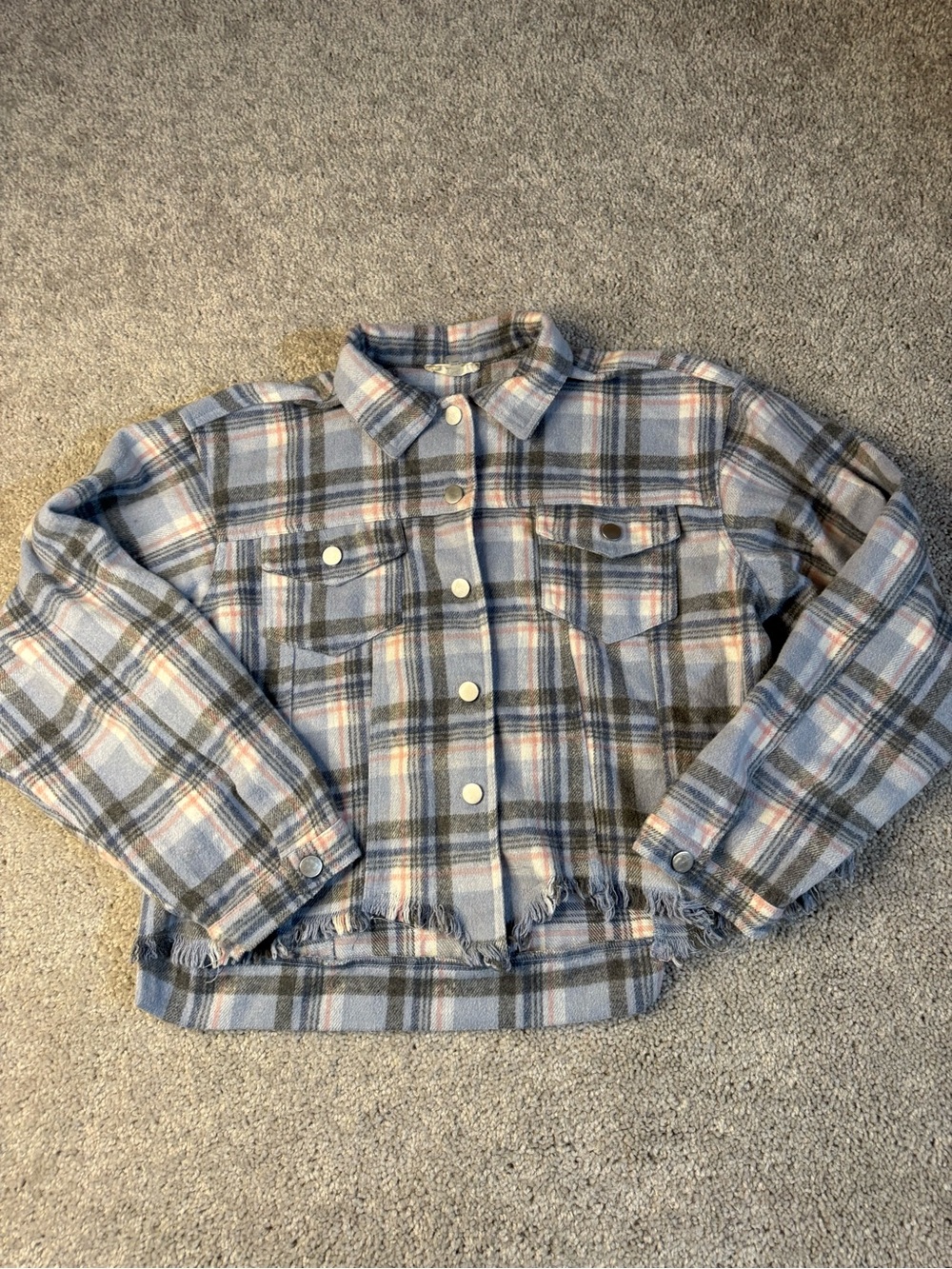 Altar'd State Light Blue, Gray and Pink Plaid Cropped Shacket